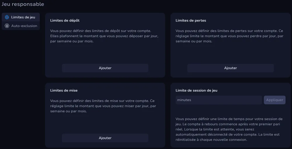 Onglet Limites de jeu de 7Bit Casino avec limites de dépôt, de pertes, de mise et de session
