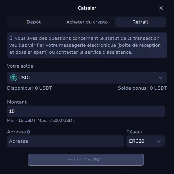 Onglet Retrait USDT de 7Bit Casino avec le réseau ERC20 et les limites de 15 à 75 000 USDT