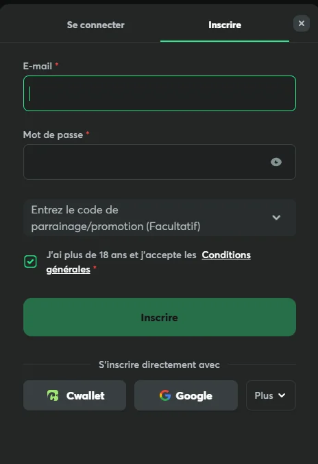 Formulaire d'inscription BC.Game en français avec courriel et mot de passe