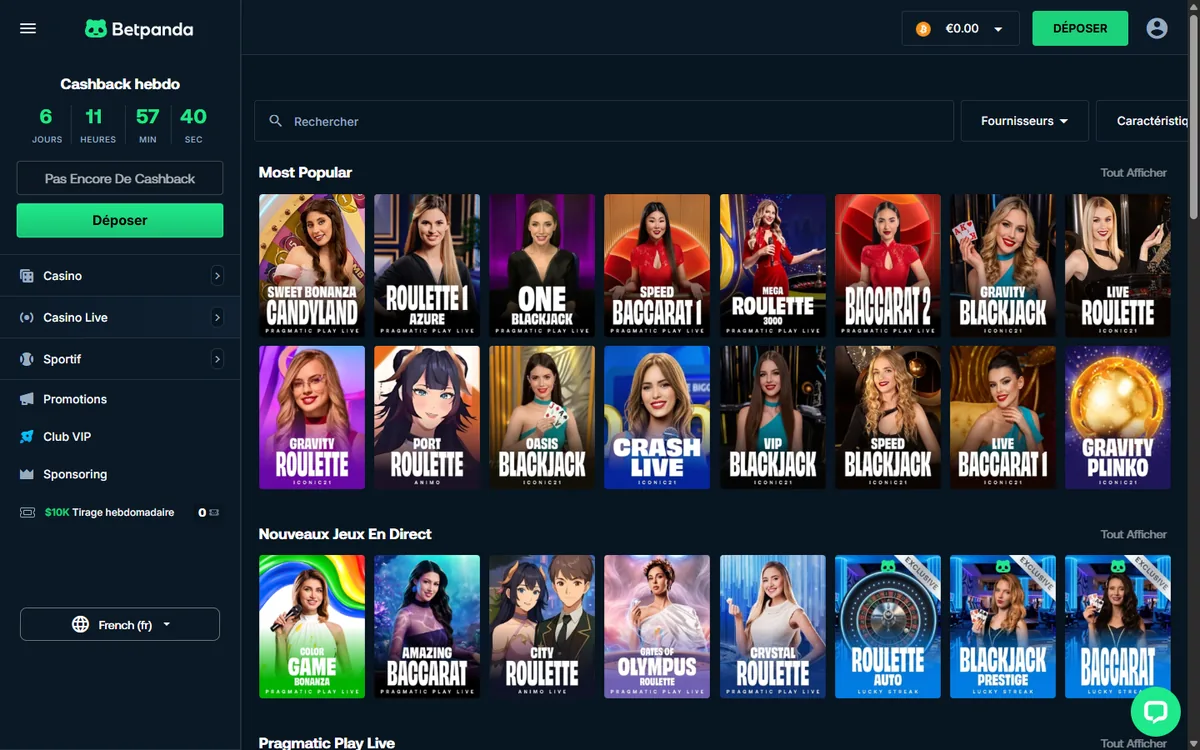 Casino en direct de Betpanda pour un compte connecté depuis le Québec sans les tables d'Evolution