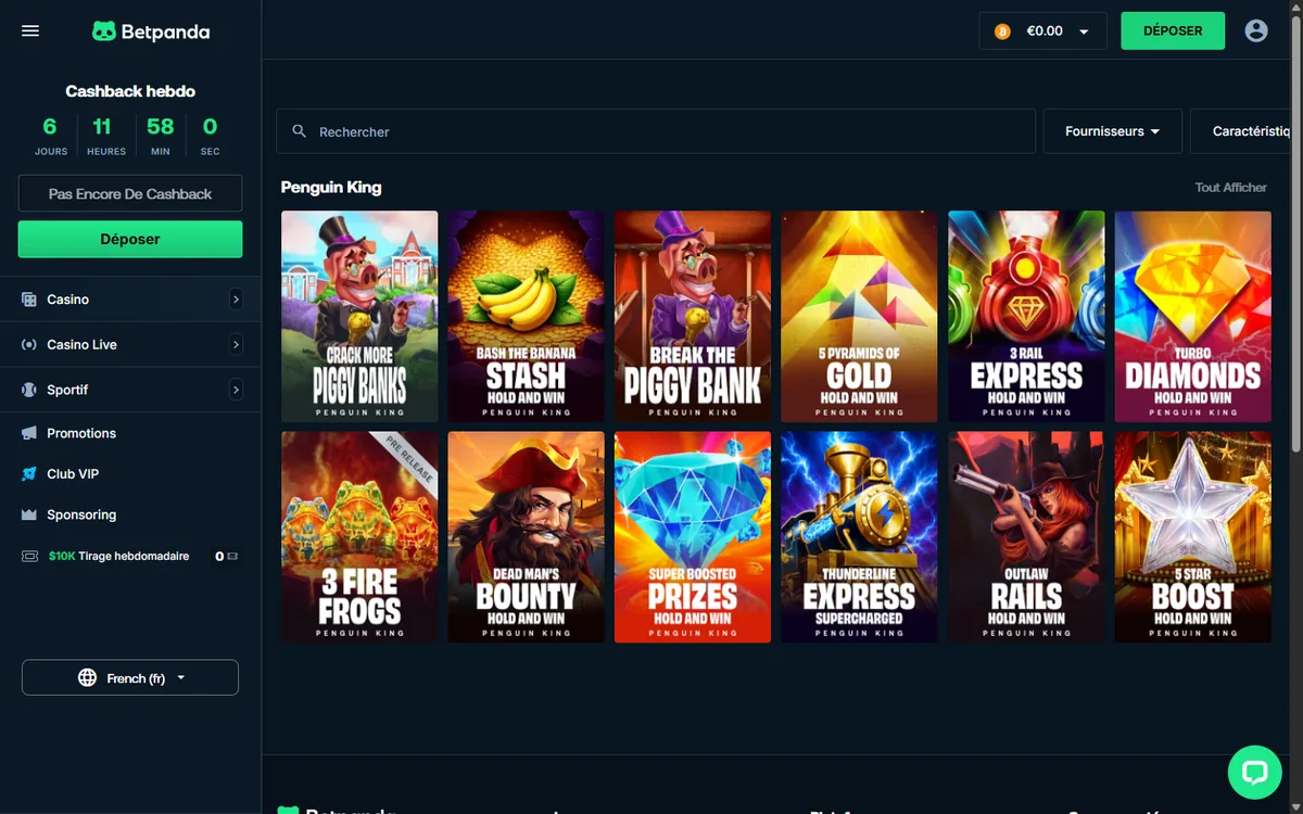Onglet Jackpot de Betpanda pour un compte connecté depuis le Québec avec seulement les 12 jeux de Penguin King