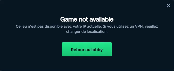 Message Game not available de Betpanda pour Book of Dead de Play'n GO ouvert depuis le Québec
