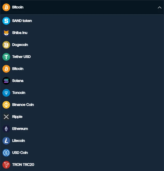 Liste des 13 cryptomonnaies du caissier de Betpanda vue depuis le Québec