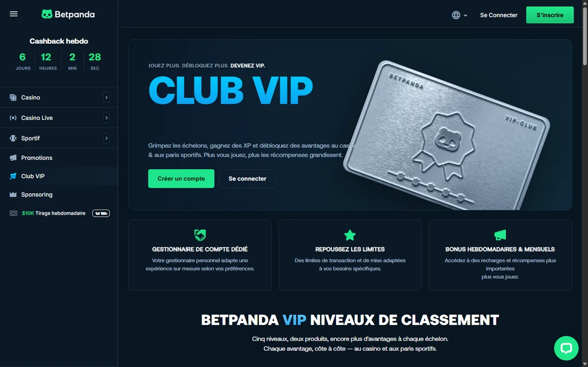 Page du club VIP de Betpanda en français sur ordinateur