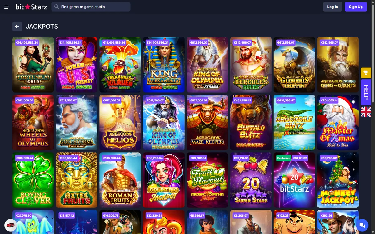 Page Jackpots de BitStarz vue du Québec avec les tuiles Mega Moolah à 14 405 586 euros et Age of the Gods à 612 566 euros