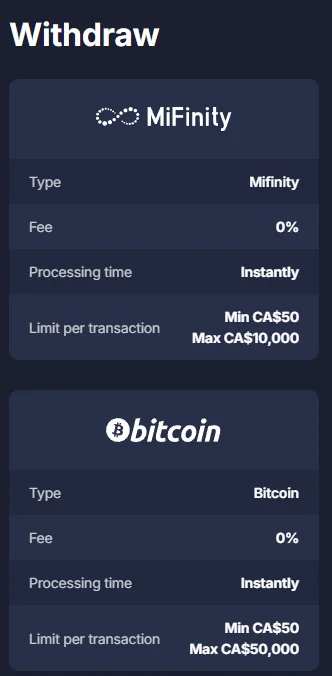 Section Withdraw de la page des paiements de BitStarz avec la carte Bitcoin à 0 % de frais, traitée instantanément, de 50 $ à 50 000 $ par transaction