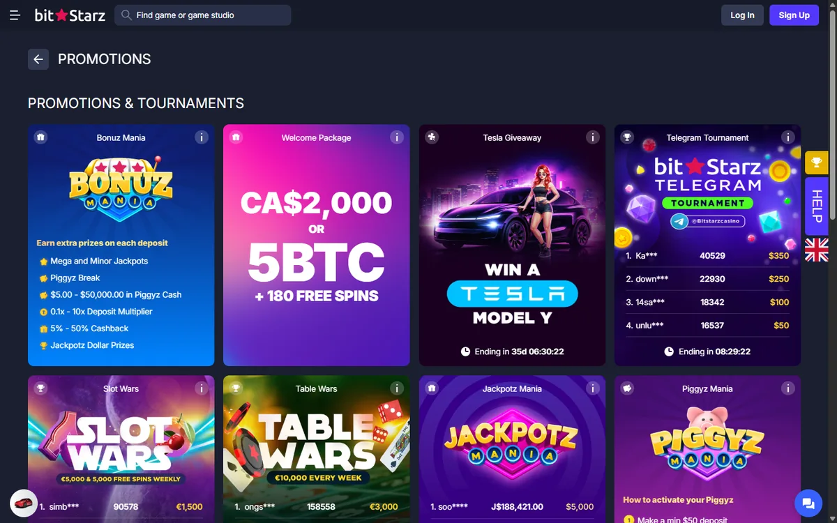 Page des promotions de BitStarz vue du Québec avec le forfait de bienvenue de 2 000 dollars canadiens ou 5 BTC et 180 tours