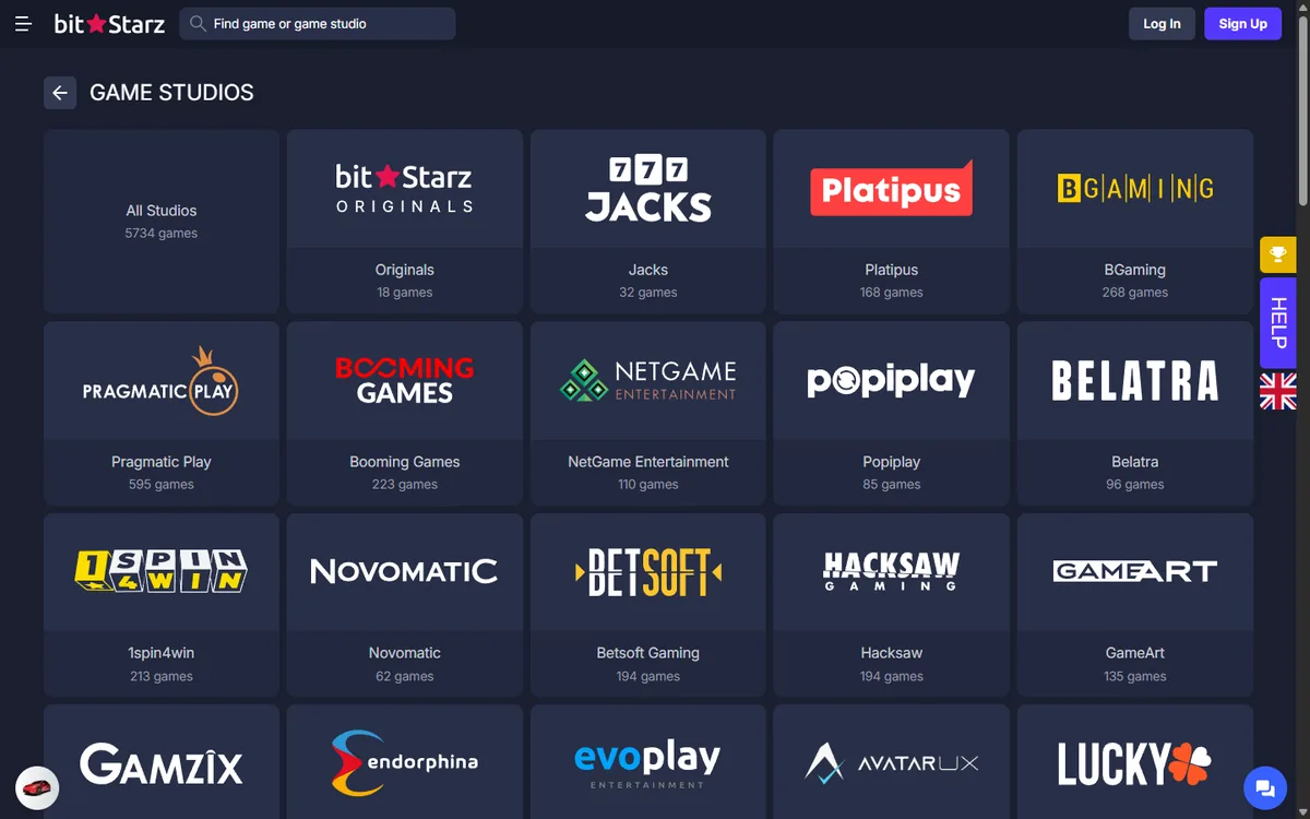 Page des studios de BitStarz vue du Québec avec All Studios 5734 games, Pragmatic Play, BGaming et Platipus
