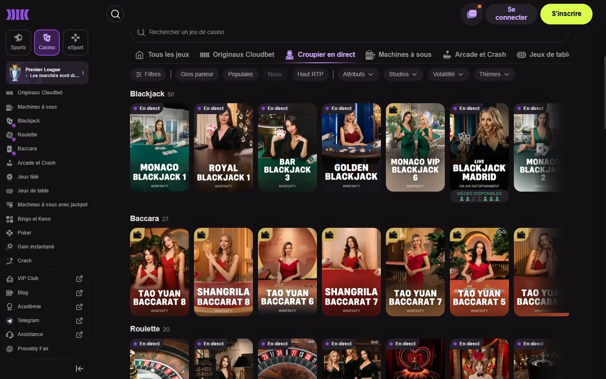 Casino en direct de Cloudbet vu depuis le Québec avec les tables de Winfinity et d'On Air Entertainment