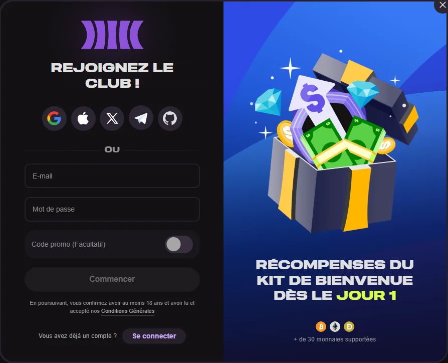 Fenêtre d'inscription de Cloudbet en français avec les options Google, Apple, X, Telegram, GitHub et courriel