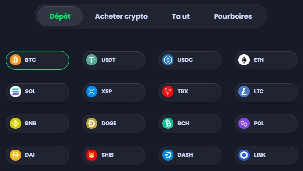Grille des 16 cryptomonnaies de l'onglet Dépôt de Jack.com