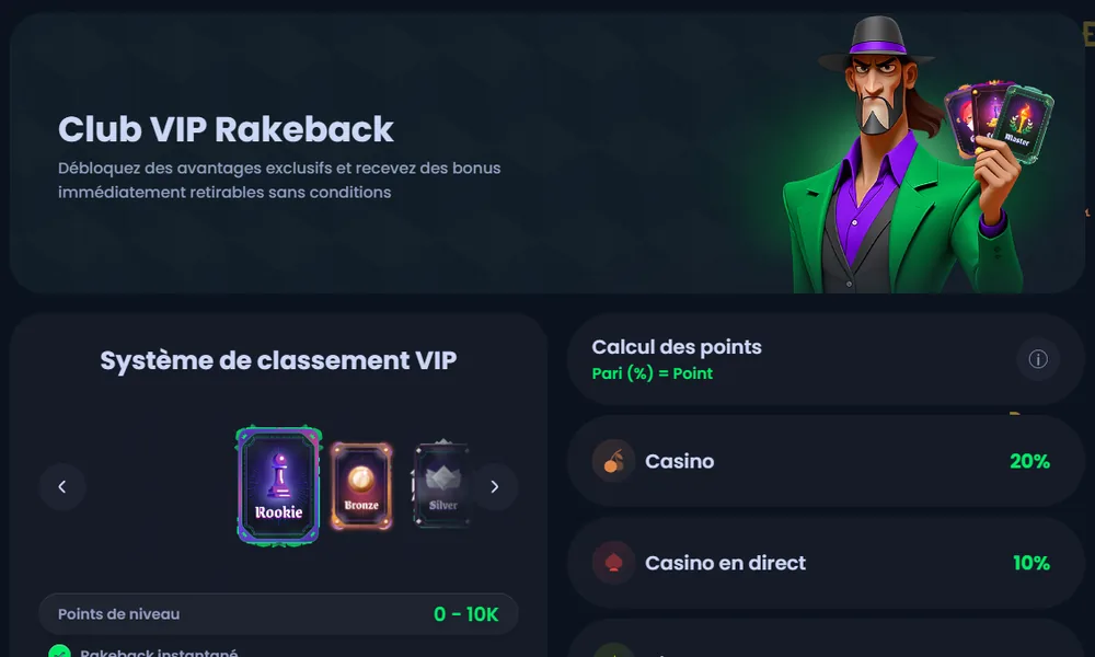 Page Club VIP Rakeback de Jack.com avec les niveaux et le calcul des points par catégorie