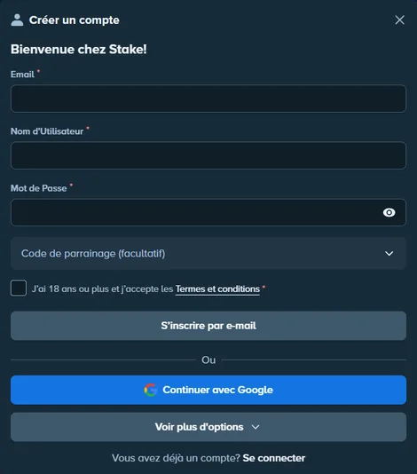 Formulaire d'inscription Stake en français avec courriel, nom d'utilisateur et mot de passe