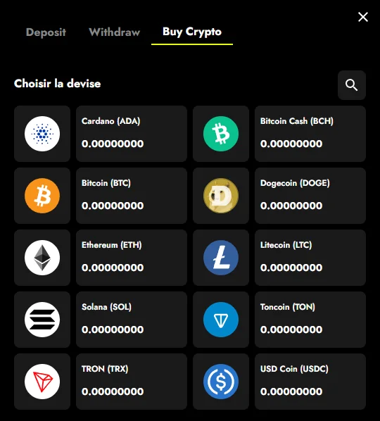 Onglet Buy Crypto du caissier de Telbet avec la liste des cryptomonnaies à acheter par carte