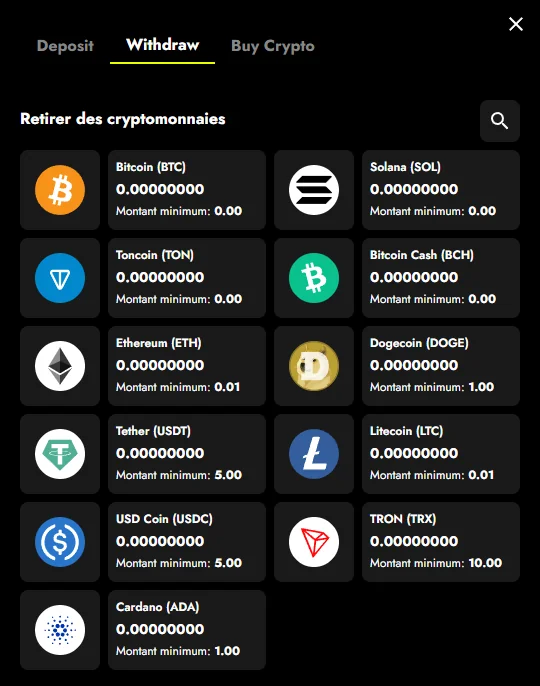 Onglet Withdraw du caissier de Telbet avec les 11 cryptomonnaies et leurs montants minimums
