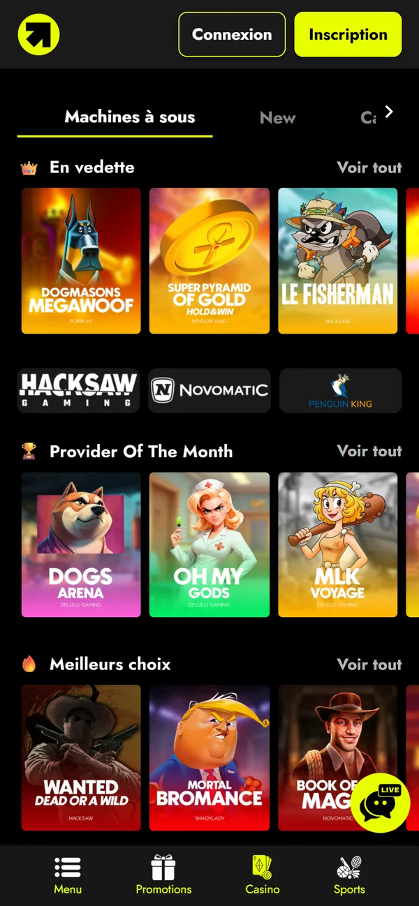 Lobby du casino Telbet sur téléphone