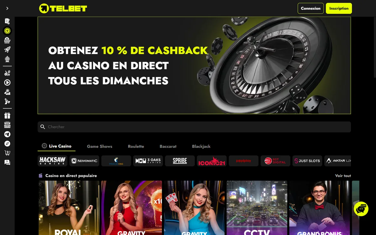 Section du casino en direct de Telbet vue du Québec avec la bannière de remise de 10 % le dimanche et la bande des studios
