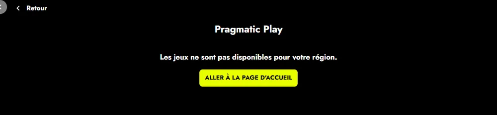 Page du studio Pragmatic Play sur Telbet vue du Québec avec le message Les jeux ne sont pas disponibles pour votre région