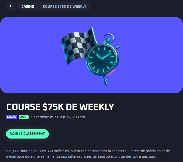 Page de la course hebdomadaire de 75 000 $ de Thrill en français