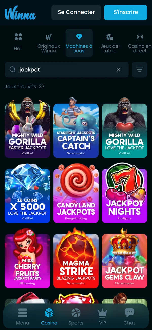 Recherche jackpot sur Winna depuis un téléphone avec 37 jeux